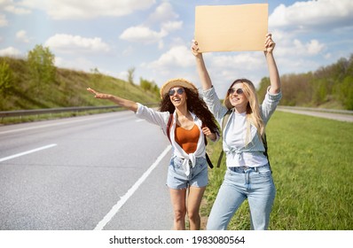 Two female friends hitching free ride, holding empty cardboard sign with mockup, stopping car on roadside, copy space. Beautiful young women enjoying summertime freedom, traveling by autostop