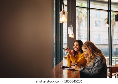 Two female friends laughing and having fun at a cafe. Two women chatting while drinking coffee at a coffee shop. - Powered by Shutterstock