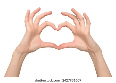 Two female hands showing love sign in a heart shape by joining index fingers and thumbs, isolated on transparent background, png file 