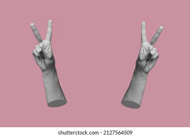 Two female hands showing a peace gesture isolated on a rosy pink color background. Trendy abstact collage in magazine urban style. 3d contemporary art. Modern design. Victory hand sign - Shutterstock ID 2127564509