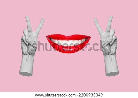 Two female hands showing a peace gesture and smiling mouth with red lipstick isolated on a pink color background. Trendy abstact collage in magazine style. 3d contemporary art. Modern design