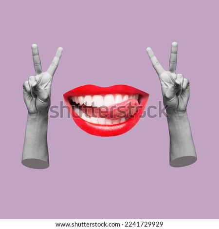 Two female hands showing a peace gesture and woman mouth with red lips showing tongue isolated on purple color background. 3d trendy collage in magazine style. 3d contemporary art. Modern design