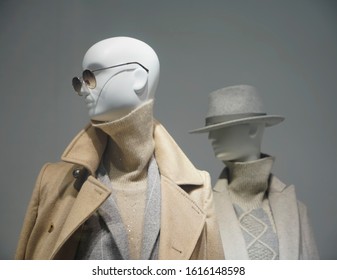 Two Female Mannequins Wear Luxury Style Winter Clothes. Female Mannequins In Shop Window. Standing Women Dummies Show Casual Style Collection Of Clothes In Showcase