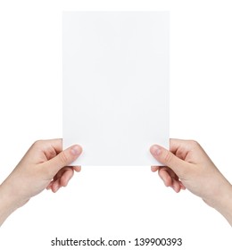 Two Female Teen Hands Holding Blank Paper Sheet, Isolated On White