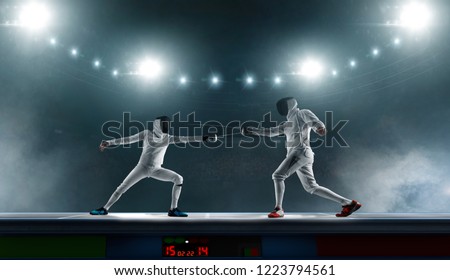 Two fencers on professional sports arena