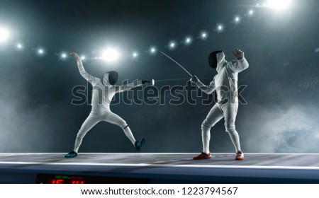 Two fencers on professional sports arena