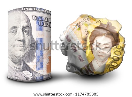 Two fiat money bills standing next to each other. One standing flat and one crumbled symbolizing currency strength and weakness. 