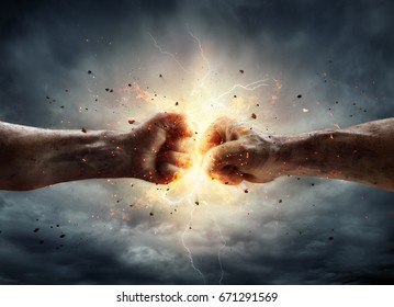 Two Fiery Fists In Impact With Stormy Sky In Background - Conflict Concept 