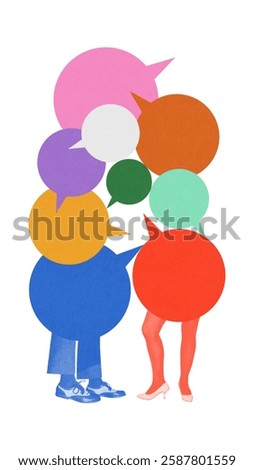 Two figures covered in layered speech bubbles stand facing each other, illustrating dynamic exchange, complexity, and diversity in communication. Concept of communication, teamwork. Abstract art