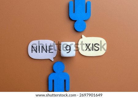 Two figures viewing a dice showing the number 9 with speech bubbles reading NINE and SIX. Different perspectives, miscommunication, disagreement, or misunderstanding concept.