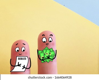 Two Fingers Are Decorated As Two Person. Both Of Them Are Happy. They Have Cash Rebates. 