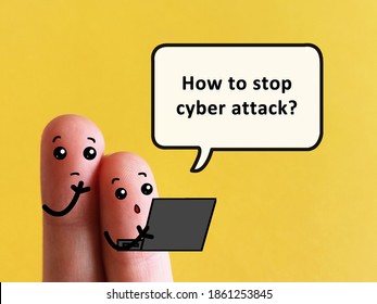 Two Fingers Are Decorated As Two Person. One Of Them Is Asking Another One How To Stop Cyber Attack.