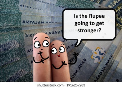 Two Fingers Are Decorated As Two Person. One Of Them Is Asking Another If Rupee Is Going To Get Stronger.