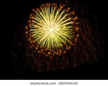 Two fireworks explode in unison, emitting green and gold sparks against a dark night sky, creating a double burst. High quality photo