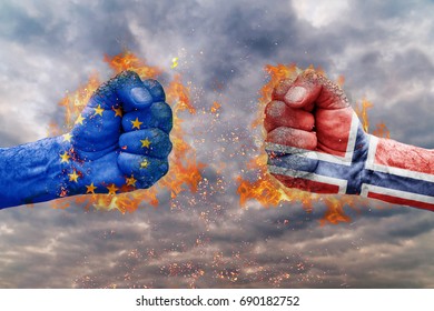 Two Fist With The Flag Of EU And Norway Faced At Each Other Ready For Fight