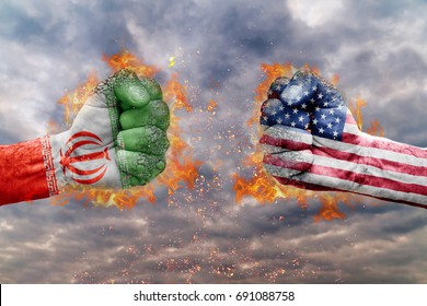 Two fist with the flag of Iran and USA faced at each other ready for fight