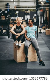 Two Fit Young Female Friends In Sportswear Laughing After A Workout While Sitting On A Box At The Gym