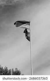 Two flags on a high pole fluttering dynamically in the wind against a cloudy sky, captured in a dramatic black and white high-contrast composition.

