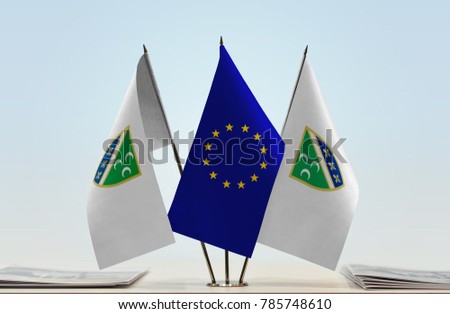 Two flags of Sanjak and European Union flag between