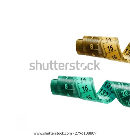 Two flexible measuring tapes in different colors isolated on white background with generous copy space. The curled metric rulers display clear numeric markings and smooth flowing shapes, creating a minimalist visual suitable for themes related to tailoring, sewing, body measurements, fashion design, fitness tracking, dieting, healthcare, wellness, and textile industries.
