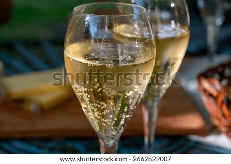 Two fluite glasses of sparkling white wine with bubbles champagne in sunny garden with old iron table set in French village in Cote des Bar, Champagne region, France in summer