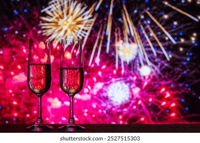 Two Flutes Of Champagne In Front Of A Bright Fireworks Display, A Symbol Of Celebration And Luxury For Special Moments Like New Year's Eve. End of Year Background with Copy Space - Powered by Shutterstock