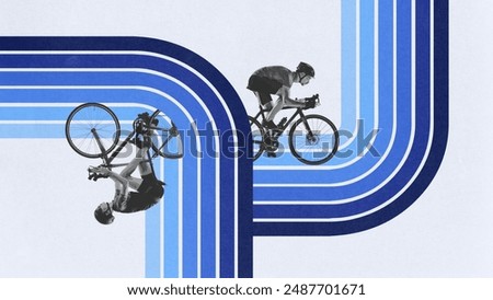 Two focused men competing, riding bicycle on curving road against light background with abstract colorful element. Creative design. Concept of sport, competition, marathon, triathlon, endurance