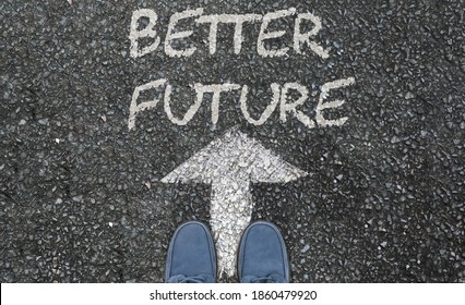 Two Foot On Asphalt Road With Arrow Pointing To Better Future. Illustration Of The Improvement, New Normal