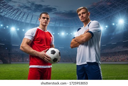 
Two football players of different teams. They wear sportswear without a brand. Stadium and crowd made in 3D. - Powered by Shutterstock