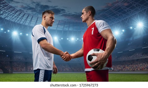 Two football players are shaking hands. They wear sportswear without a brand. Stadium and crowd made in 3D. - Powered by Shutterstock