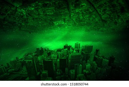 Two foreign cities parallel to each other skyline aerial view. Alien cityscape.