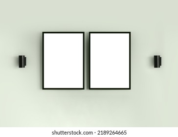 Two frames with blank white isolated posters on the mint green wall. Minimalistic cozy interior mockup. Picture template for branding, text, logo, design. Modern style room with copyspace