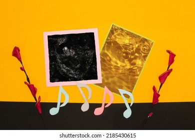 two frames, one with black water copy space, the other with yellow water copy space, yellow-black background with musical notes and flowers
