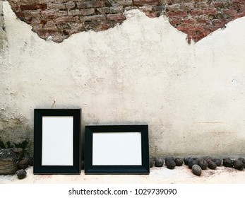 two frames of picture are standing behind the old wall