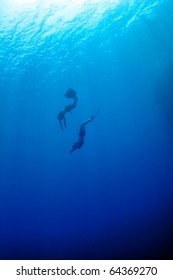 Two Freedivers - The Man And The Woman - Are Making The Simultaneous Dive At The Depth Of Blue Hole, Red Sea, Egypt. The Picture Seems Very Romantic.