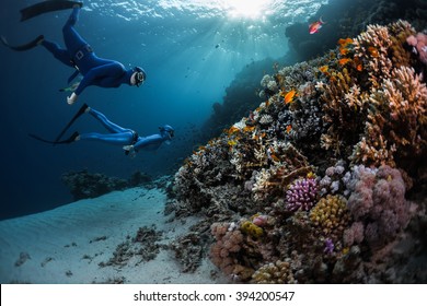 Two Freedivers Swimming Underwater Over Vivid Coral Reef. Red Sea, Egypt