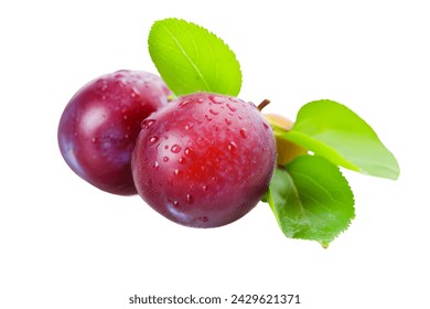 Two fresh plums with water droplets, vibrant red and purple hues, accompanied by green leaves, against a transparent background, showcasing natural freshness and juiciness. - Powered by Shutterstock
