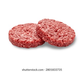 Two fresh, raw minced beef burger patties perfectly shaped and ready for grilling, isolated on a solid white background with soft shadows