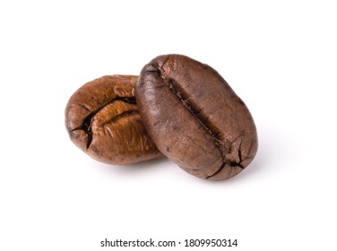 Two fresh roasted dark brown arabica coffee beans isolated on a white background with clipping path. - Shutterstock ID 1809950314