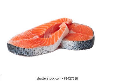 two fresh steak salmon isolated white background