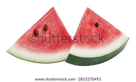Two fresh triangular slices of ripe red watermelon with black seeds