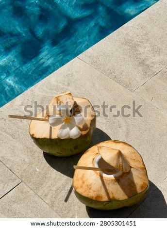 Two fresh young green coconuts with straws, decorated with a white plumeria flower on a stone deck next to a blue swimming pool.