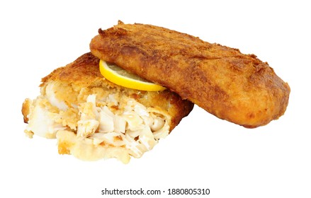 Two Fried Beer Battered Cod Fish Fillets Isolated On A White Background