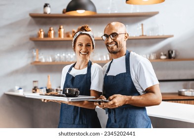 Two friendly waiters stand together in a coffeehouse, holding a tray of food and tablet as they get ready to provide excellent service to customers. Professional waitstaff working as a team. - Powered by Shutterstock