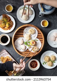 Two Friends Having A Cantonese Dim Sum Brunch. Top View. 