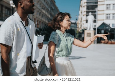 Two friends navigating the city, enjoying a sunny day and the adventure of exploration with a map in hand. - Powered by Shutterstock