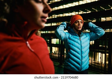 A Two Friends Preparing For Night Run. Night Running, Night Sporting