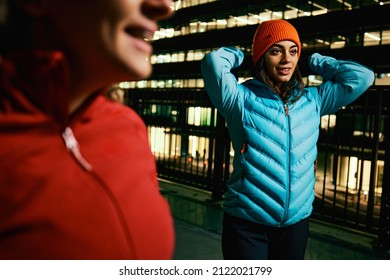 A Two Friends Preparing For Night Run. Night Running, Night Sporting