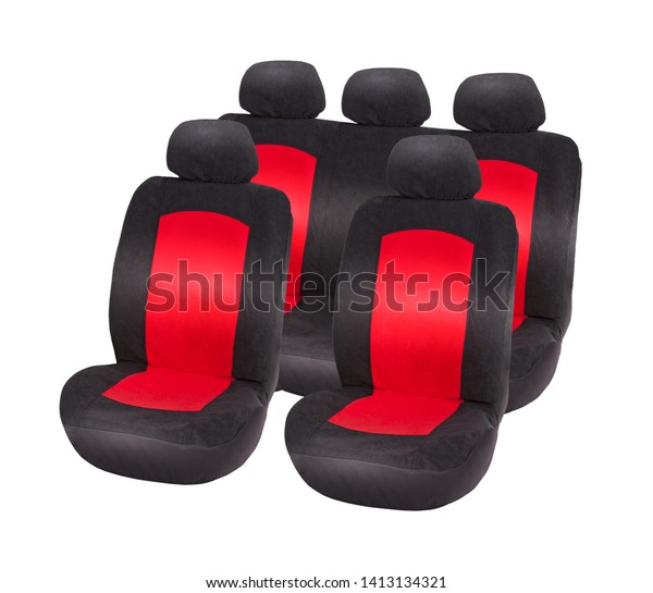 Two\
front seat and back sofa red and black velours car seat covers with\
headrests, upper front side view, isolated on\
white
