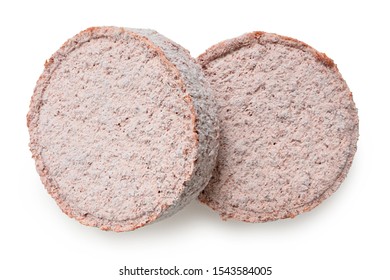 Two Frozen Plant Based Burger Patties Isolated On White. Top View.